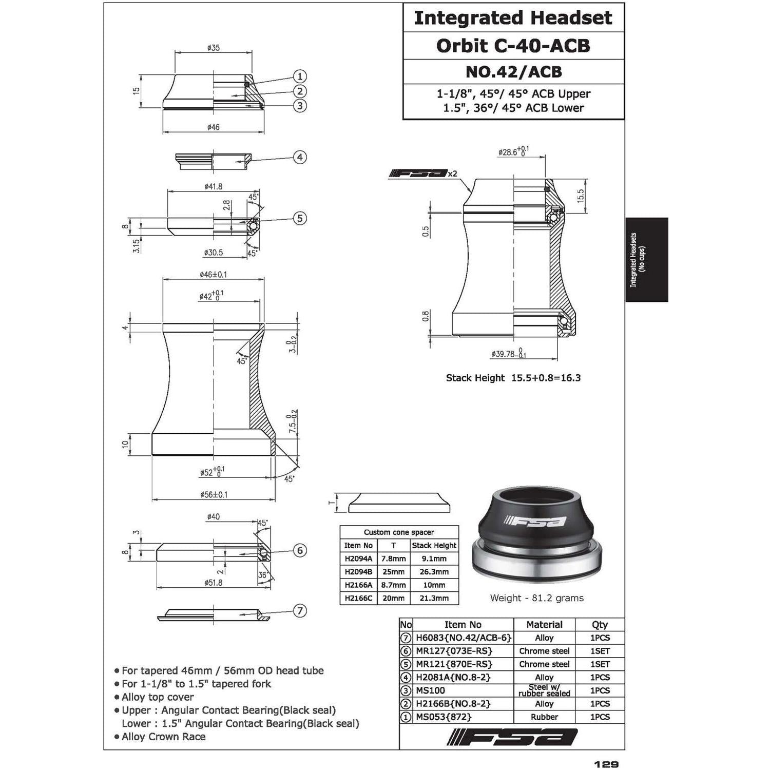 FSA Orbit Headset C-40-ACB - 7.8mm 1-1/8 1.5