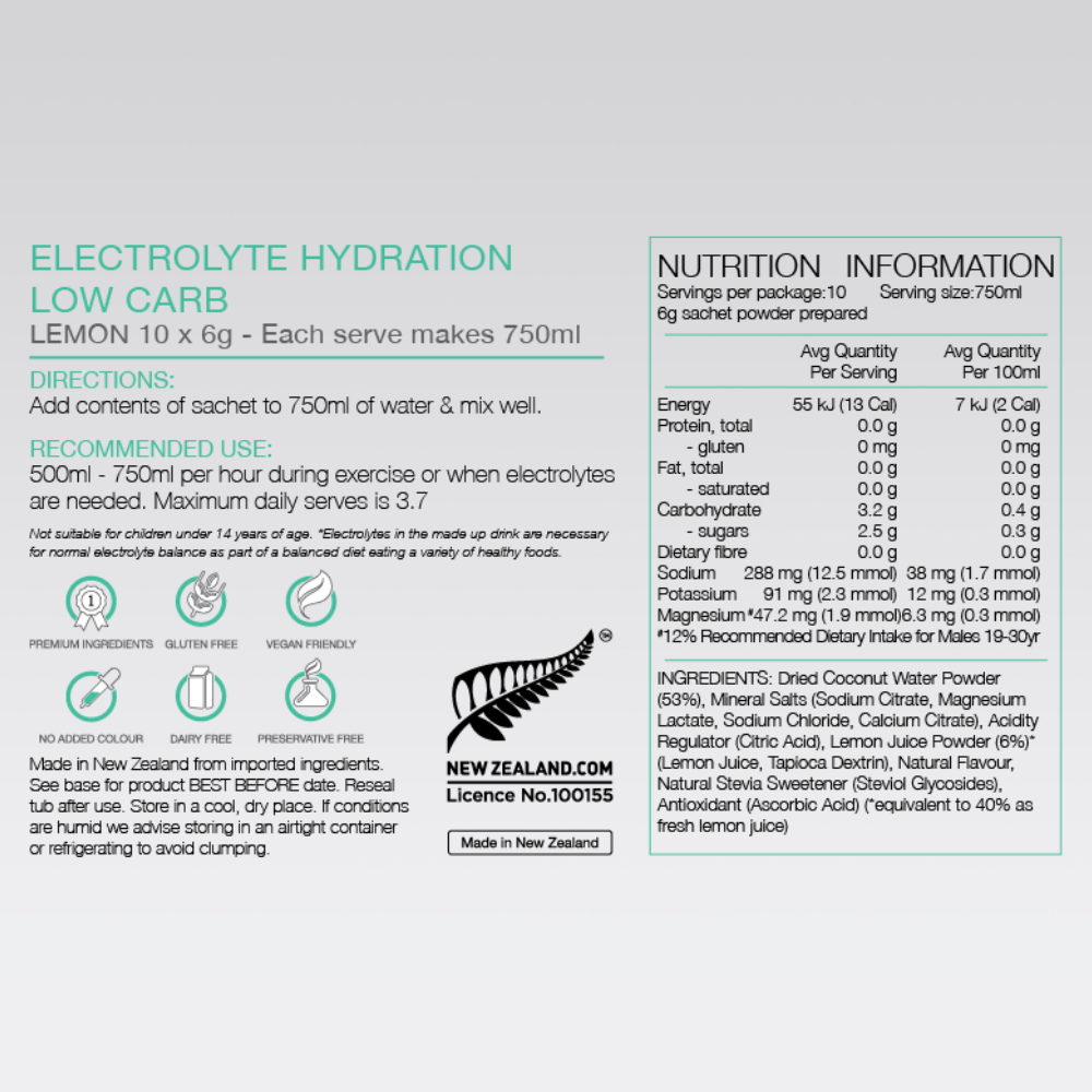 PURE Lemon Low Carb Electrolyte Hydration Powder 10 x 6g