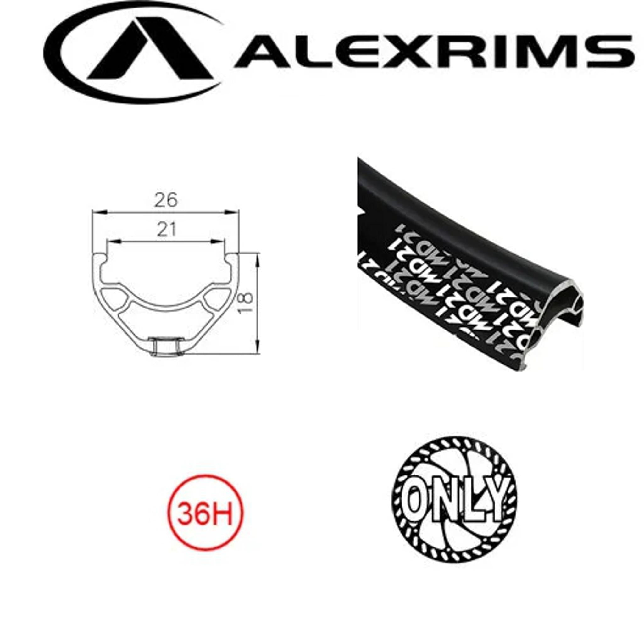 Alexrims MD21 26'' Tubeless Ready Disc Brake Rim 36H Black