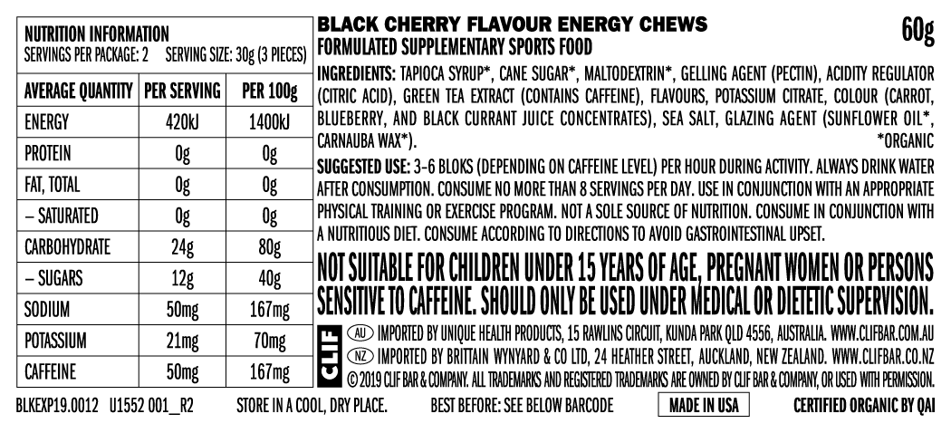 CLIF Bloks Energy Chews 60g Black Cherry (+50mg Caffeine)