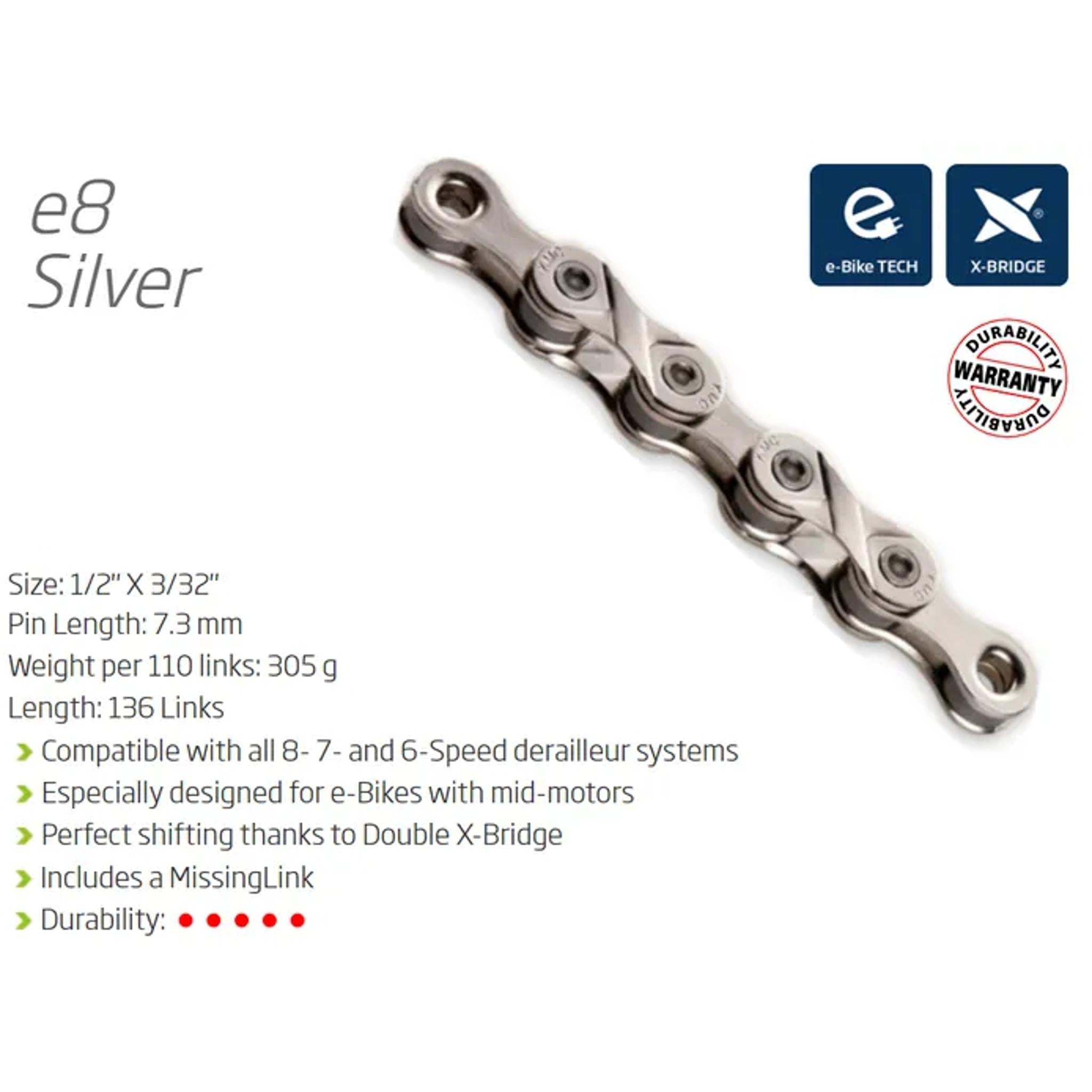 KMC E8 8-Speed 1/2x3/32'' 136L E-Bike Chain
