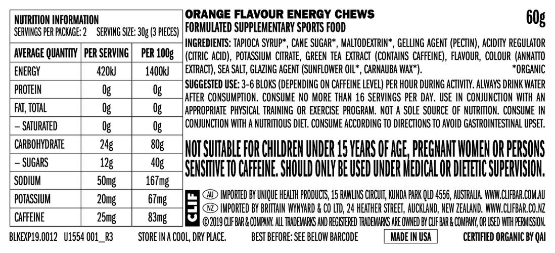 CLIF Bloks Energy Chews 60g Orange (+25mg Caffeine)