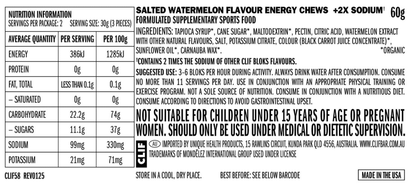 CLIF Bloks Energy Chews 60g Salted Watermelon (+2x Sodium)