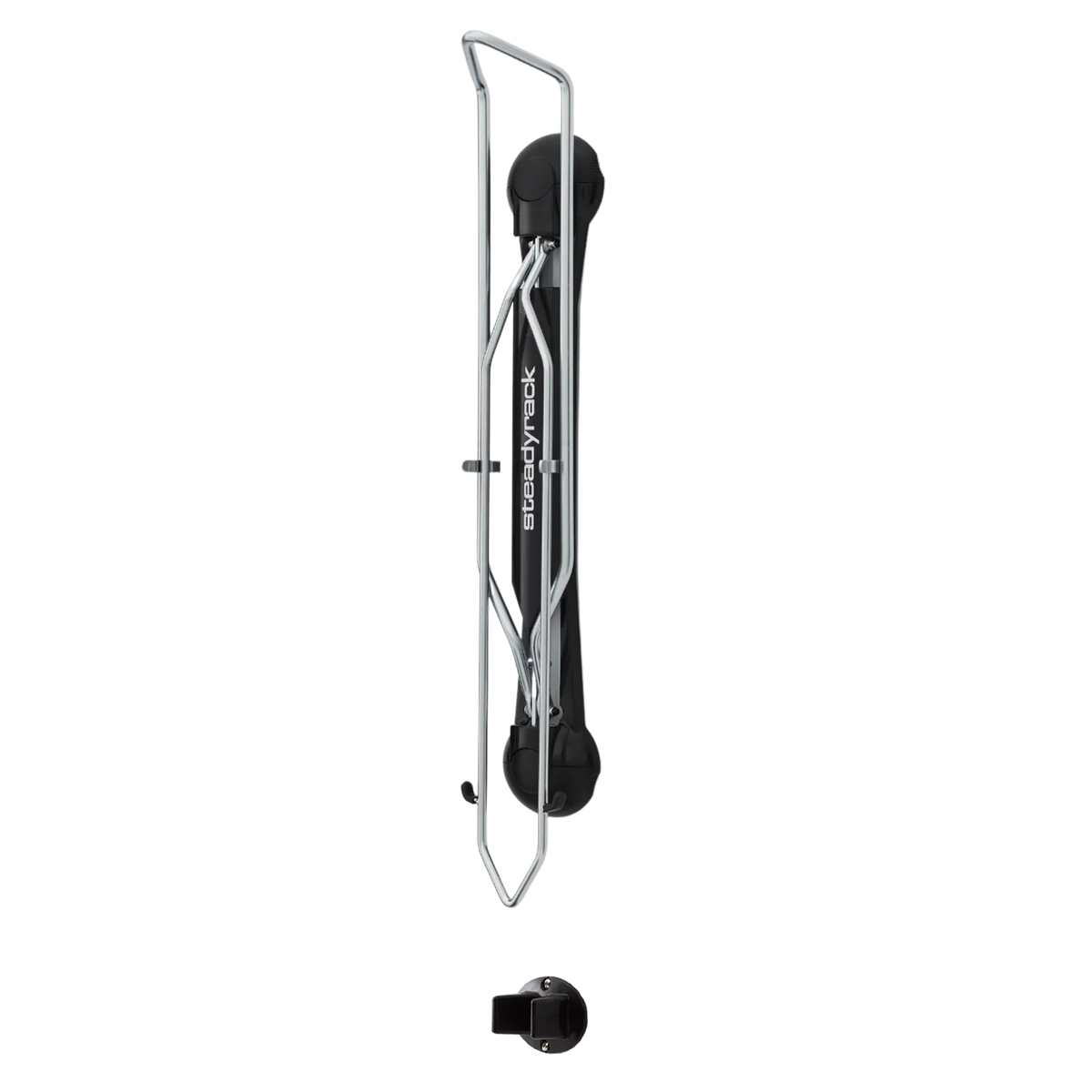 A black and silver bicycle rack shown vertically on a plain white background, with a separate black mounting piece displayed below it.