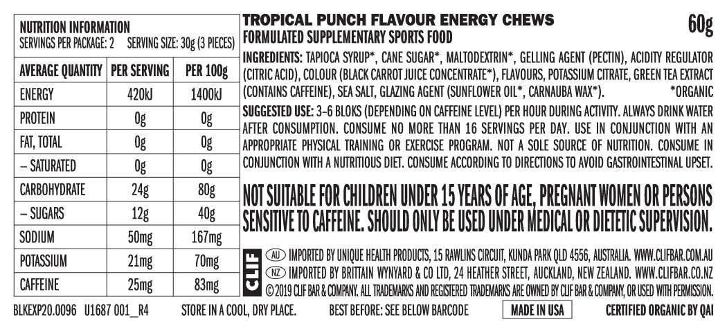 CLIF Bloks Energy Chews 60g Tropical Punch (+25mg Caffeine)