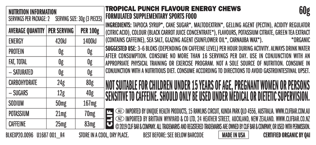 CLIF Bloks Energy Chews 60g Tropical Punch (+25mg Caffeine)