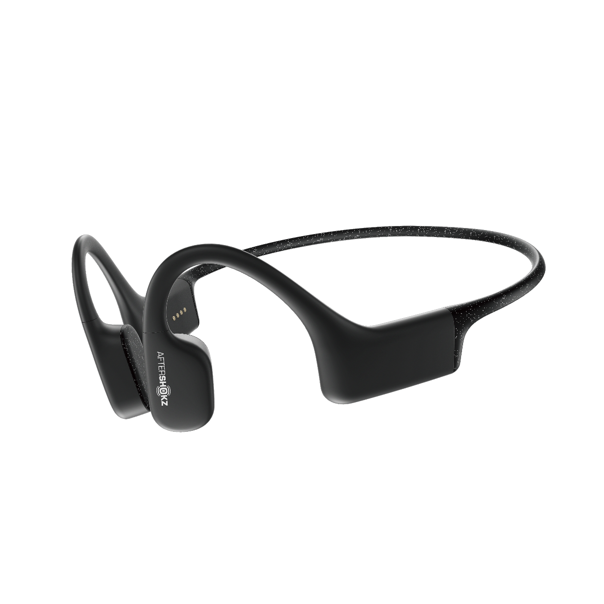 Black Aftershokz Xtrainerz bone conduction headphones with a sleek, speckled wrap-around frame for swimming and sports.