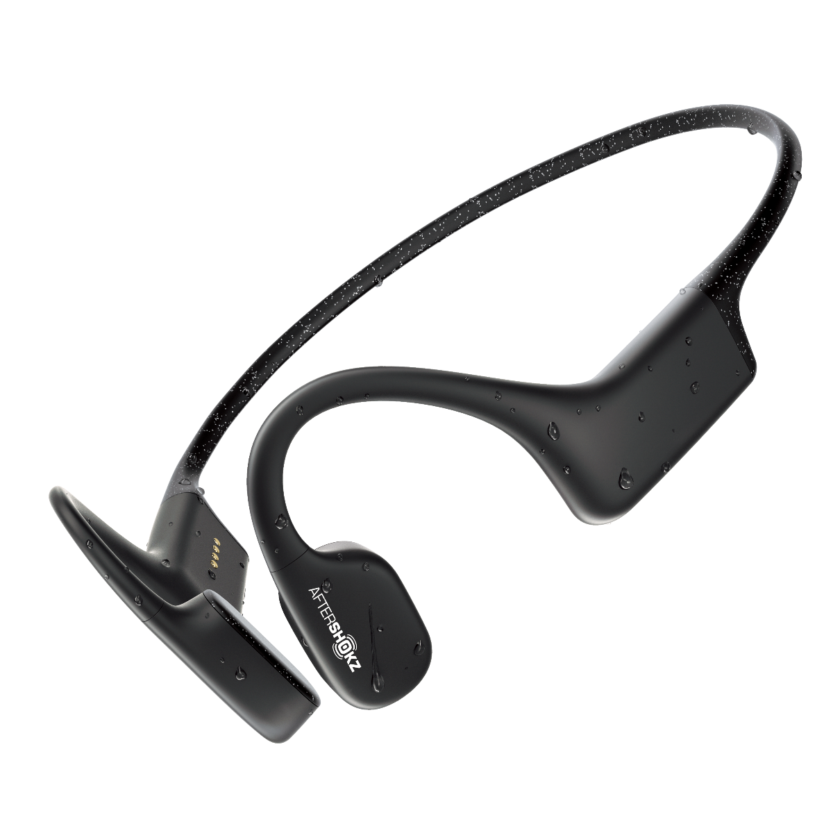 Black Aftershokz Xtrainerz bone conduction headphones with a sleek, waterproof design covered in water droplets.