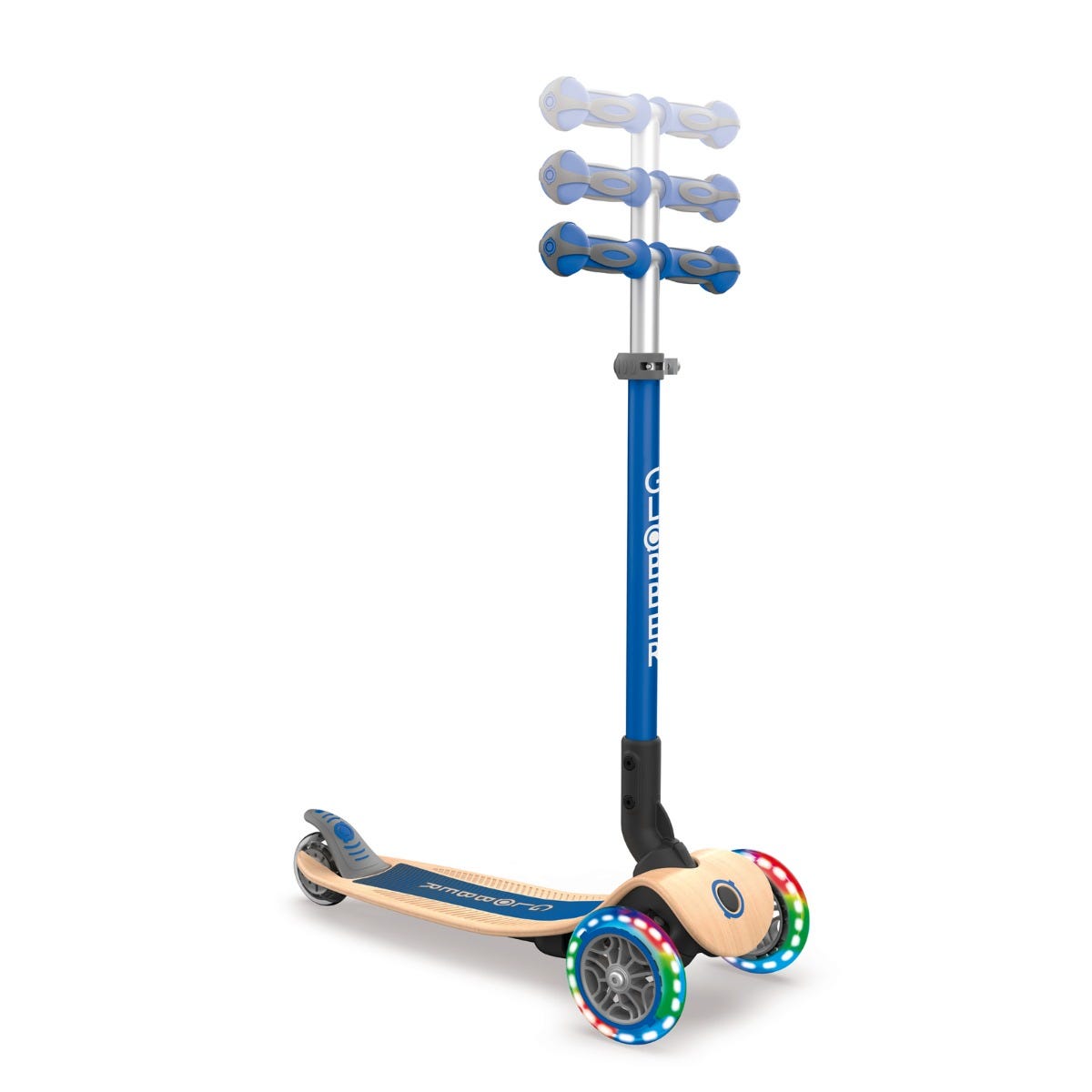 Globber Primo Foldable Wood Lights 3 Wheel Kids Scooter Navy Blue