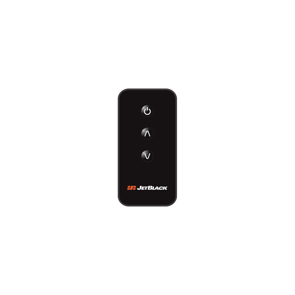Black JetBlack trainer fan remote with power, up, and down speed control buttons on a white background.