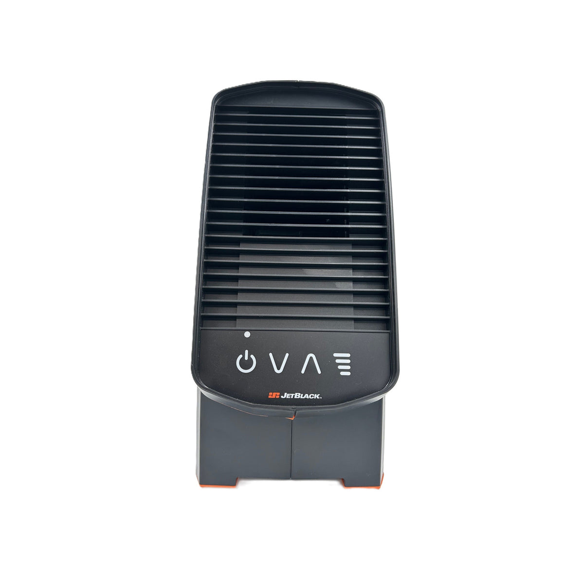 Black JetBlack trainer fan with horizontal grille, touch-sensitive power and speed controls, isolated on white background.