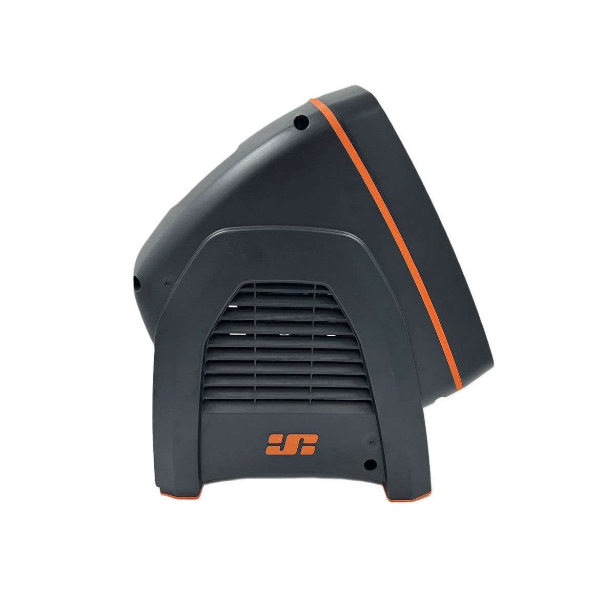 Side profile of a matte black JetBlack indoor trainer fan with orange accents and logo on a white background.