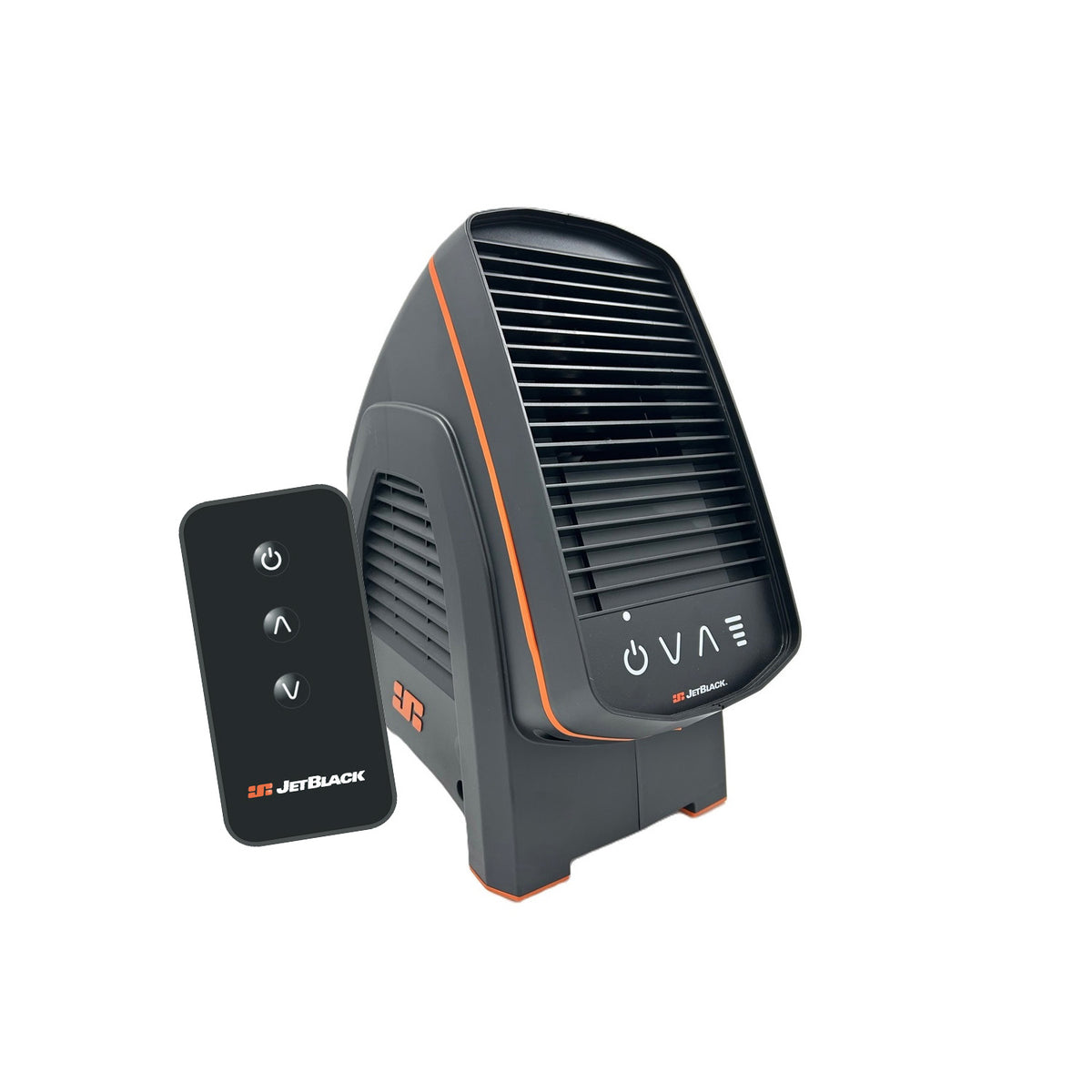 JetBlack trainer fan in matte black with orange accents, featuring a front grille, touch controls, and a matching remote.