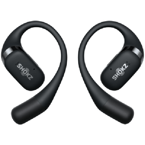 Black Shokz OpenFit true wireless earbuds with a flexible, open-ear hook design and branded matte finish.
